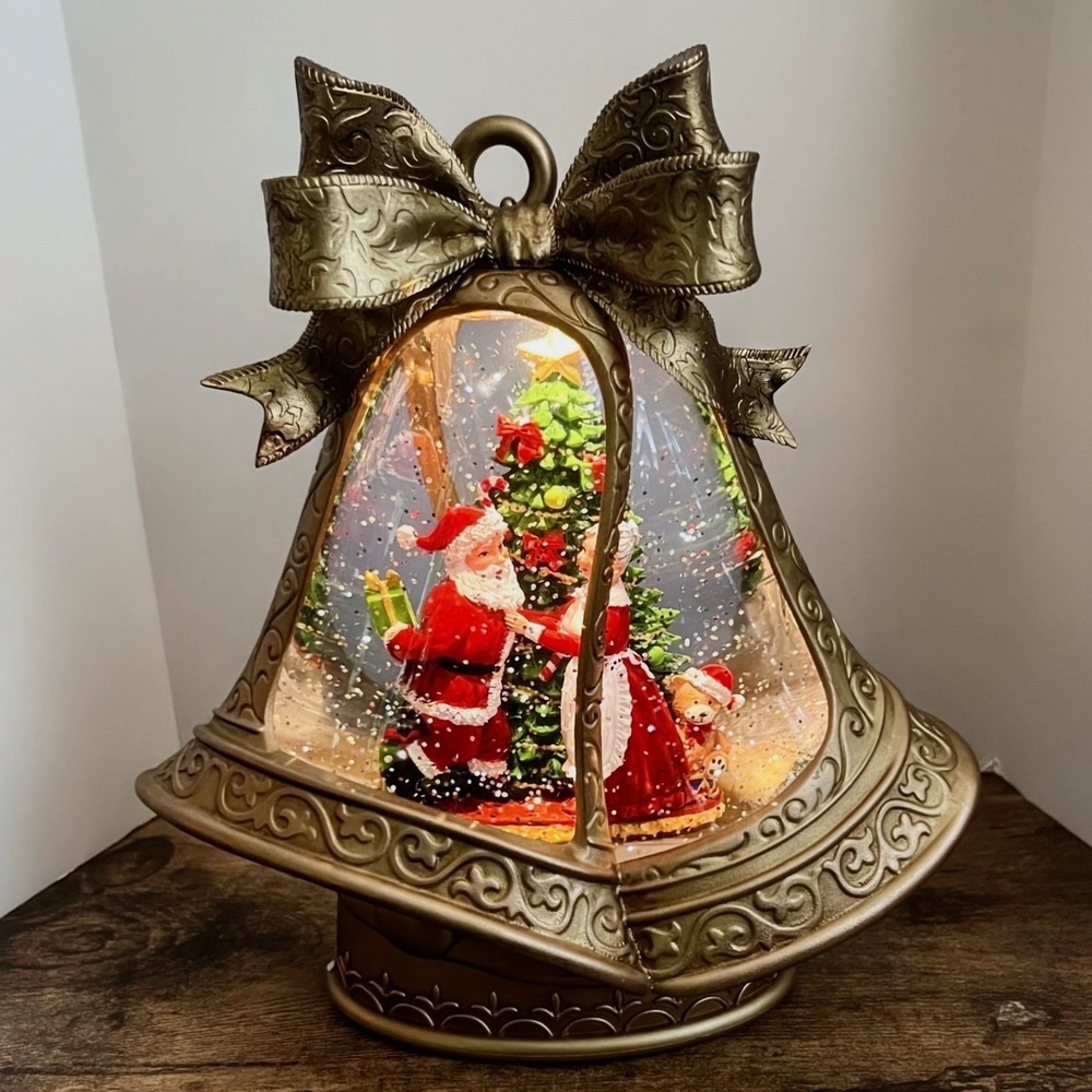 Gerson LED Lighted Spinning Water Globe Christmas Bell Santa Mrs Claus 2803400